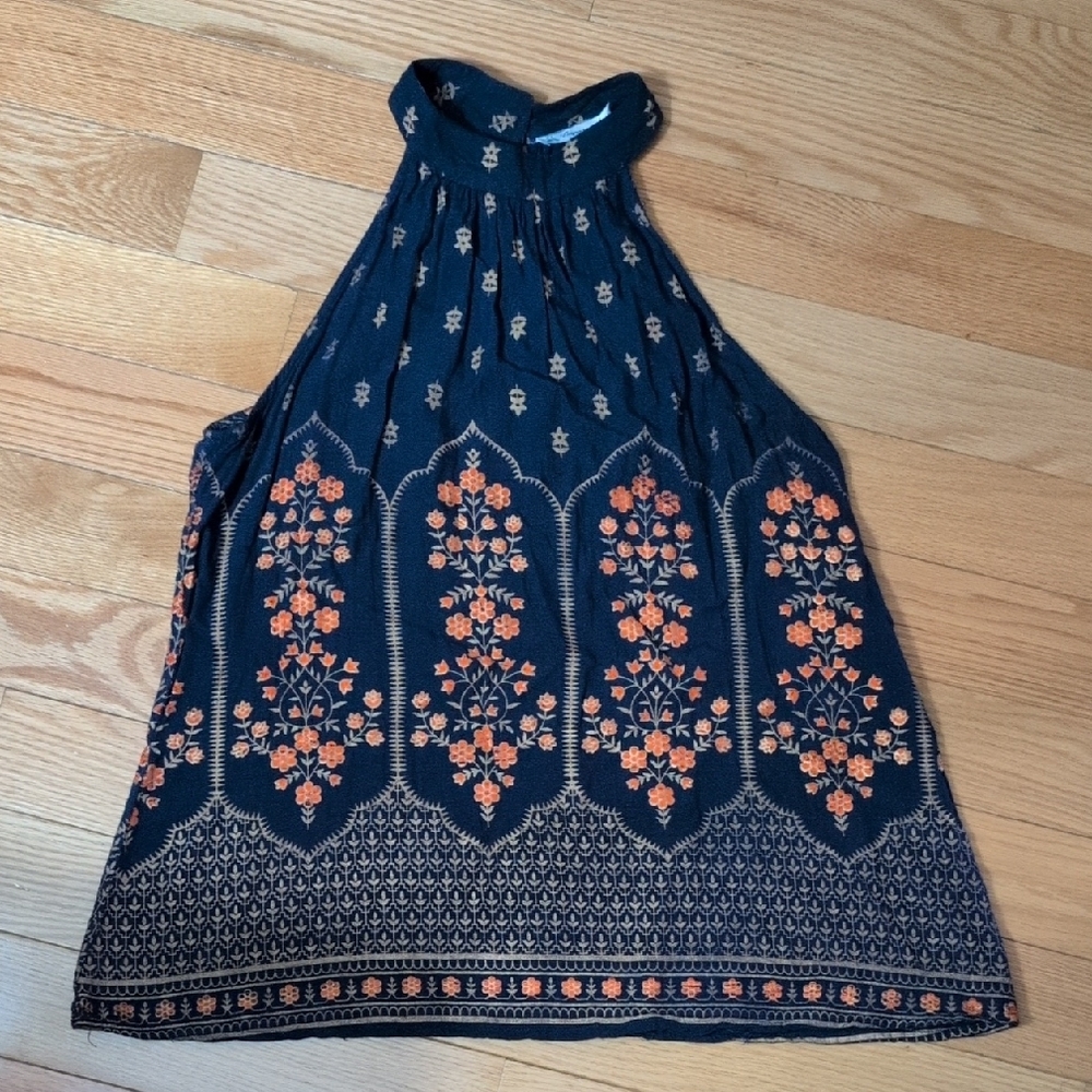 Floral Halter Neck Top - Navy and Orange